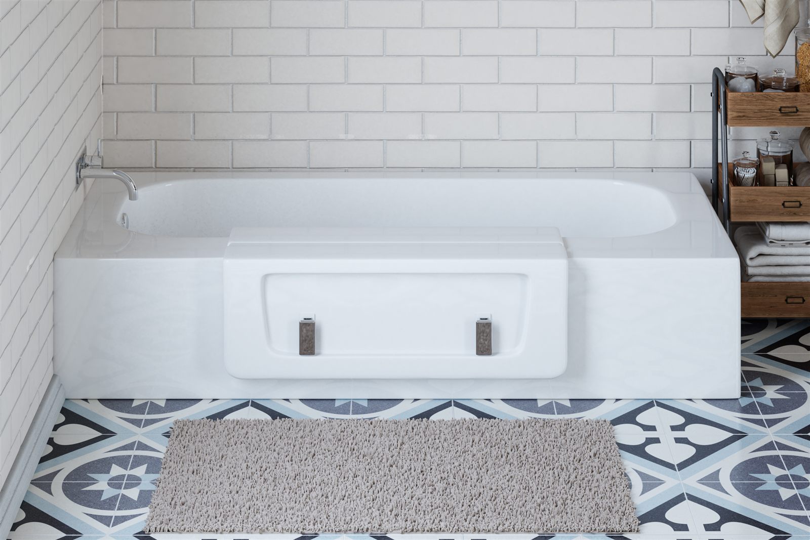 The same bathtub with the cap dropped in and handles closed, ready for a full bath